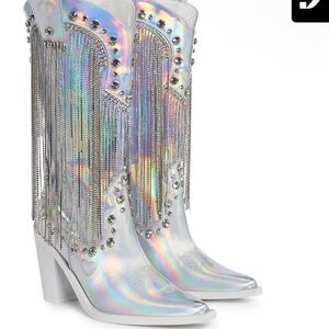 Holographic Silver Fringe Boots